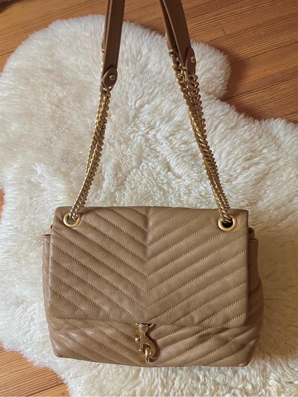 Rebecca Minkoff Edie Flap Chevron Quilted Leather Shoulder Bag in Tan - Picture 6 of 16